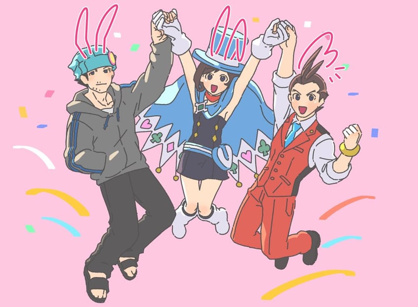 phoenix wright, apollo justice, and trucy wright (ace attorney and 1 more) drawn by lcageki