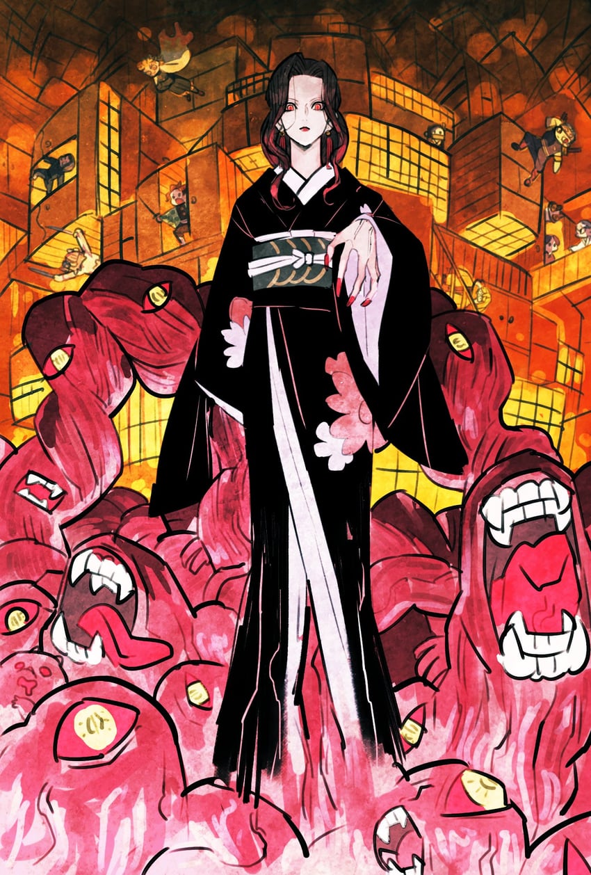 kamado nezuko, kamado tanjirou, rengoku kyoujurou, agatsuma zenitsu, hashibira inosuke, and 5 more (kimetsu no yaiba) drawn by takeuchi_ryousuke