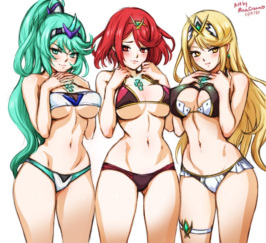 pyra, mythra, and pneuma (xenoblade chronicles and 1 more) drawn by mina_cream