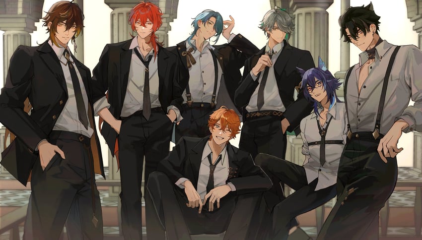 zhongli, tartaglia, diluc, alhaitham, kamisato ayato, and 2 more (genshin impact) drawn by 1o8k