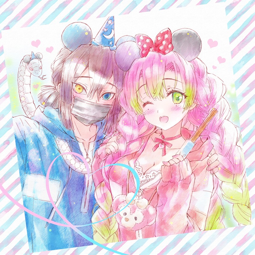 kanroji mitsuri, iguro obanai, and kaburamaru (kimetsu no yaiba and 1 more) drawn by carnelian