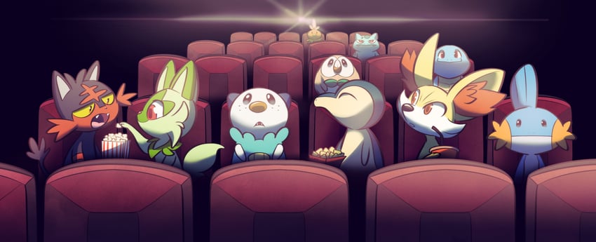 rowlet, bulbasaur, sprigatito, oshawott, squirtle, and 5 more (pokemon and 1 more) drawn by drawfag