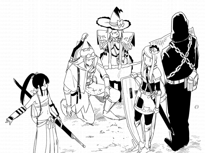 curse maker, bushidou, paladin, bushidou 2, doctor magus, and 5 more (sekaiju no meikyuu) drawn by nikki_kyousuke