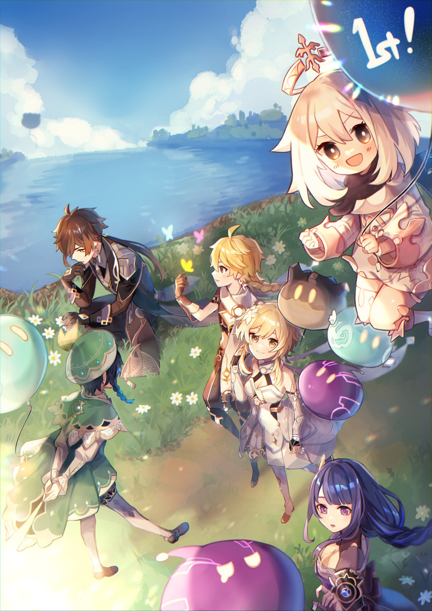 lumine, raiden shogun, aether, zhongli, venti, and 2 more (genshin impact) drawn by kino_(m6t2a)
