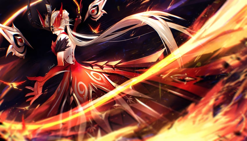crimson lotus moth and signora (genshin impact) drawn by nerevi
