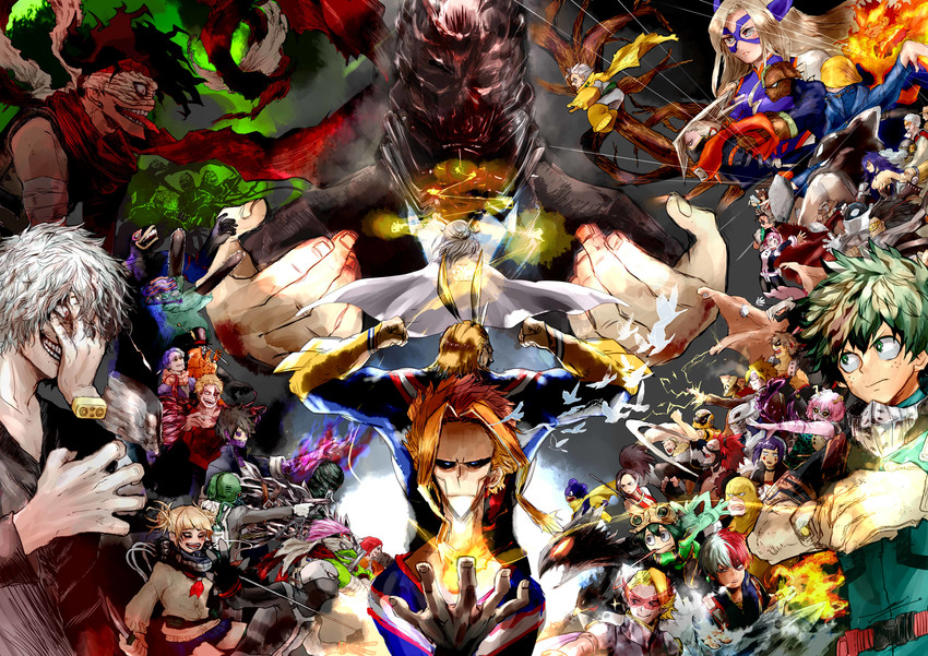 midoriya izuku, bakugou katsuki, uraraka ochaco, toga himiko, endeavor, and 52 more (boku no hero academia) drawn by komugiko_no_mori
