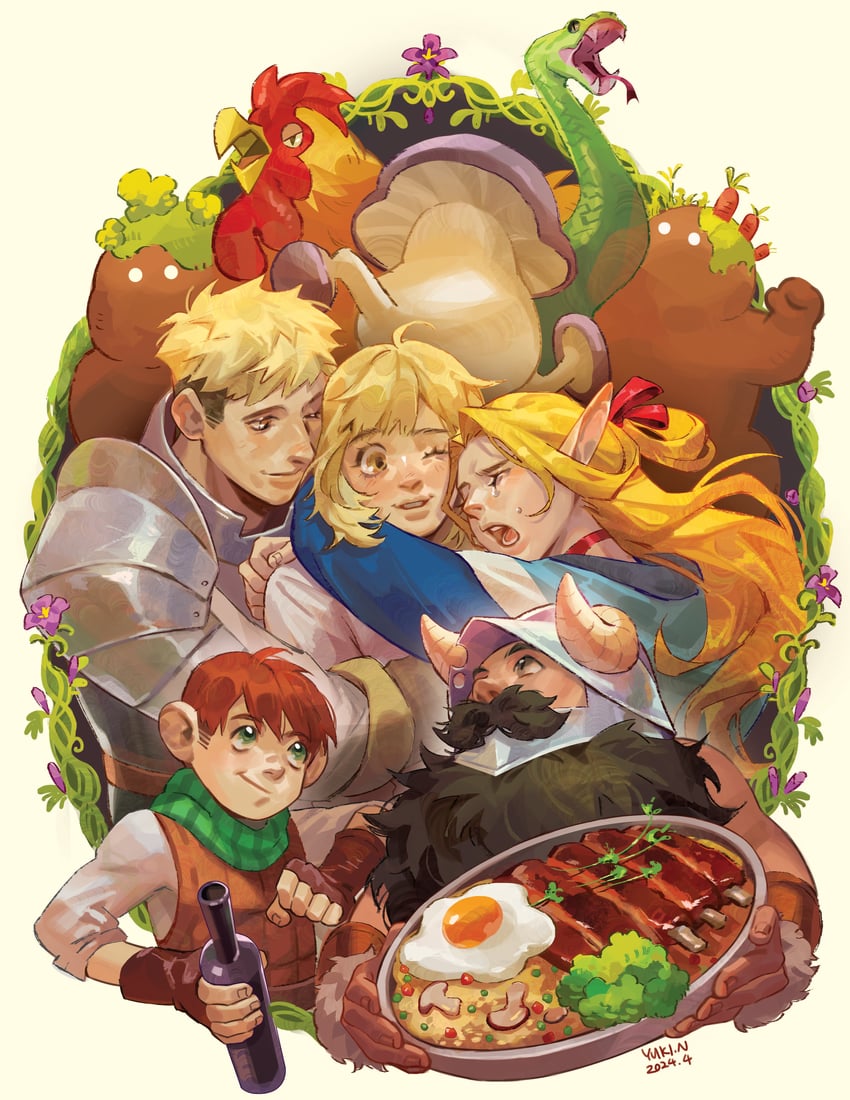 marcille donato, falin touden, laios touden, senshi, and chilchuck tims (dungeon meshi) drawn by yukinnn