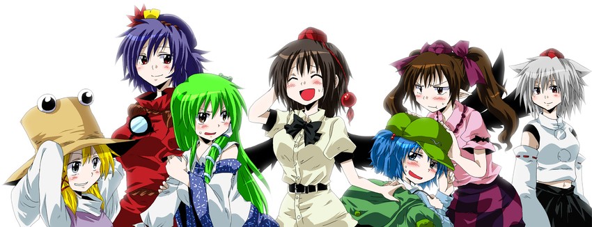kochiya sanae, shameimaru aya, inubashiri momiji, moriya suwako, kawashiro nitori, and 2 more (touhou) drawn by unya