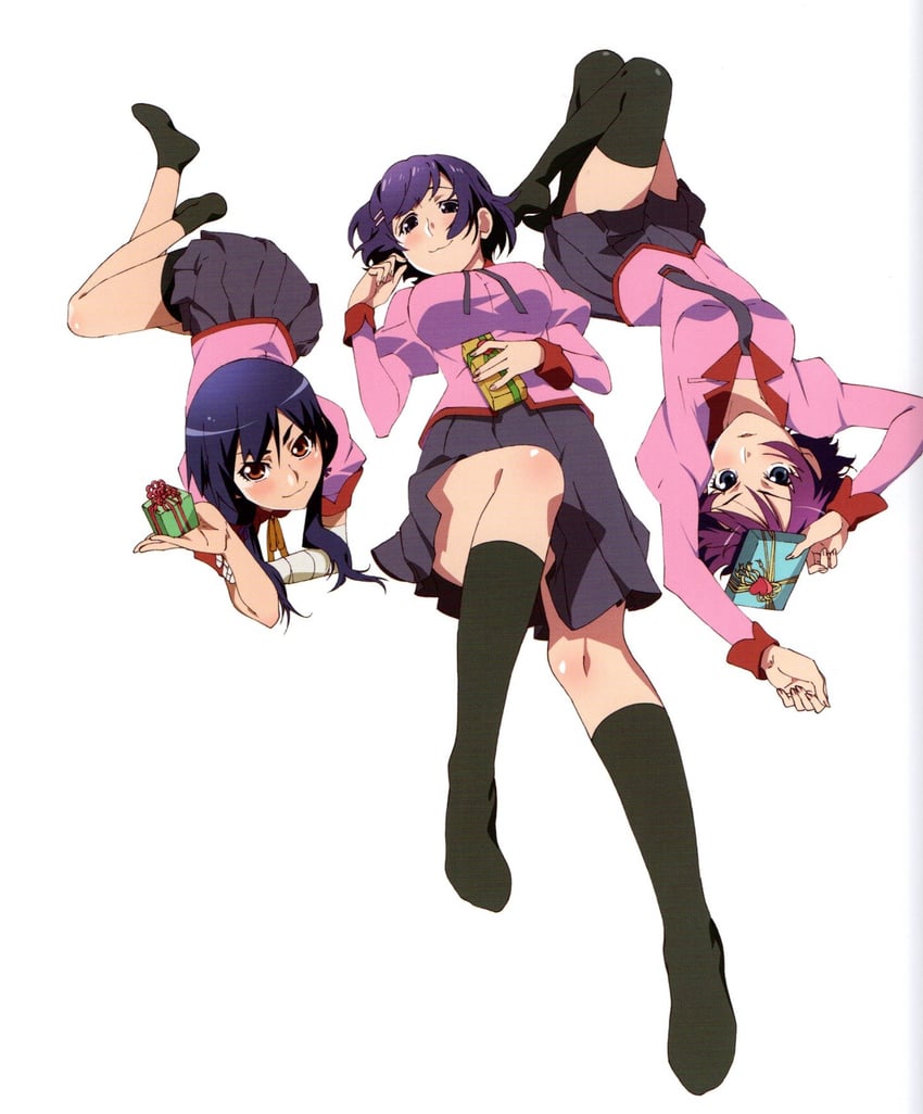 senjougahara hitagi, hanekawa tsubasa, and kanbaru suruga (monogatari) drawn by watanabe_akio