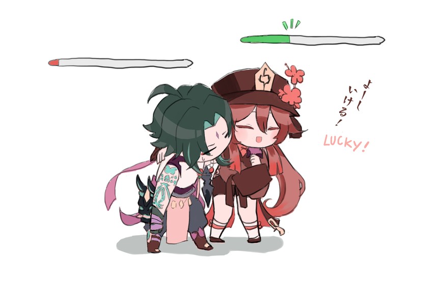 hu tao, xiao, and hilichurl (genshin impact) drawn by finn.
