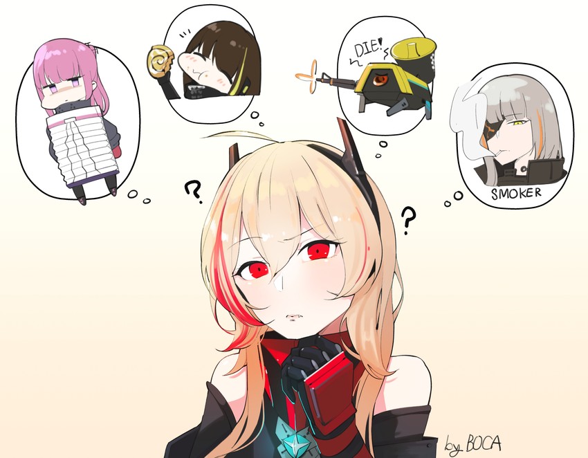 m4a1, m4 sopmod ii, st ar-15, dinergate, m16a1, and 1 more (girls' frontline) drawn by boca