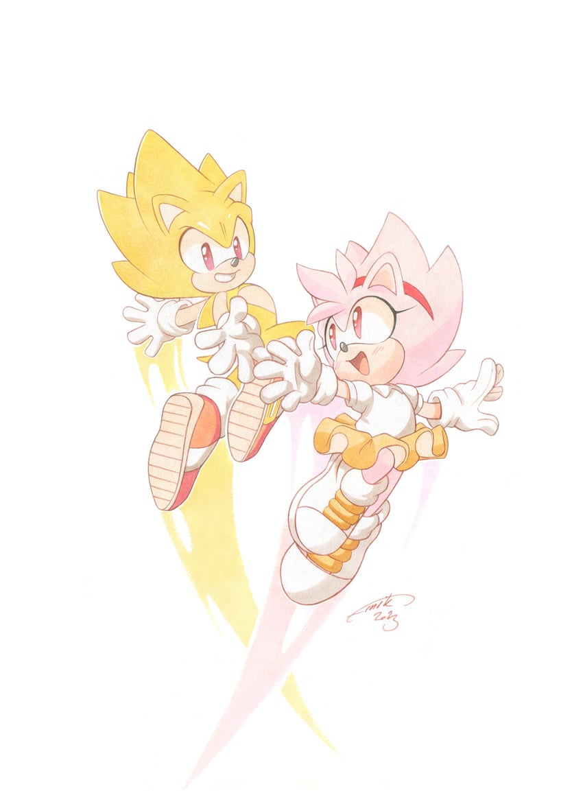 sonic the hedgehog, amy rose, super sonic, and super amy rose (sonic) drawn by finik