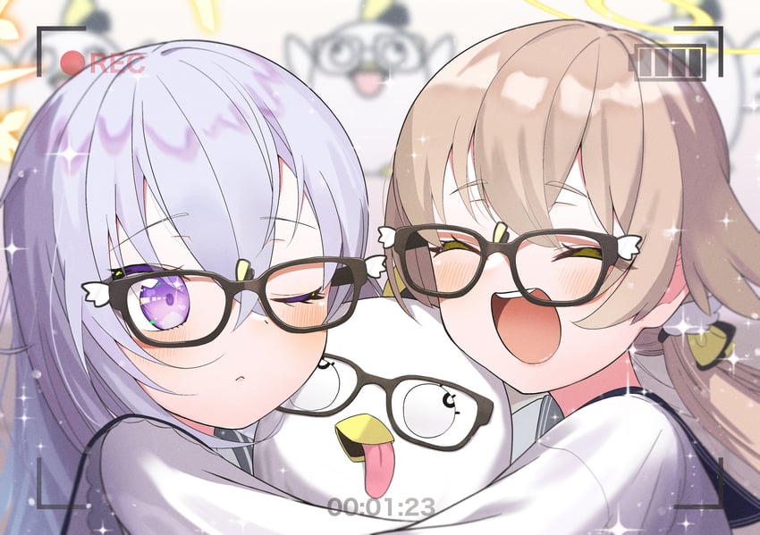 hifumi, azusa, and peroro (blue archive) drawn by calciumin