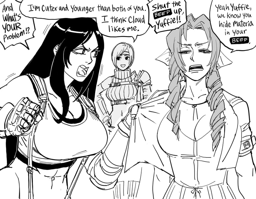 tifa lockhart, aerith gainsborough, and yuffie kisaragi (final fantasy and 2 more) drawn by bb_(baalbuddy)