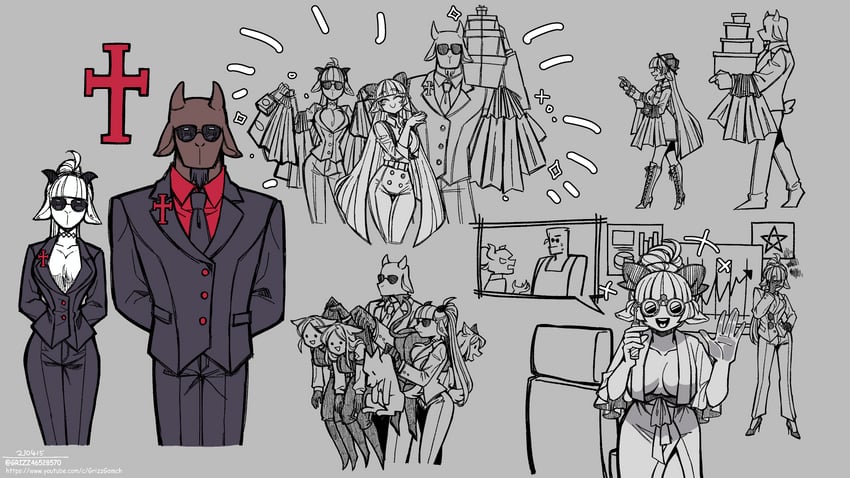 lucifer, helltaker, cerberus, and goat bodyguard (original and 1 more) drawn by grizz