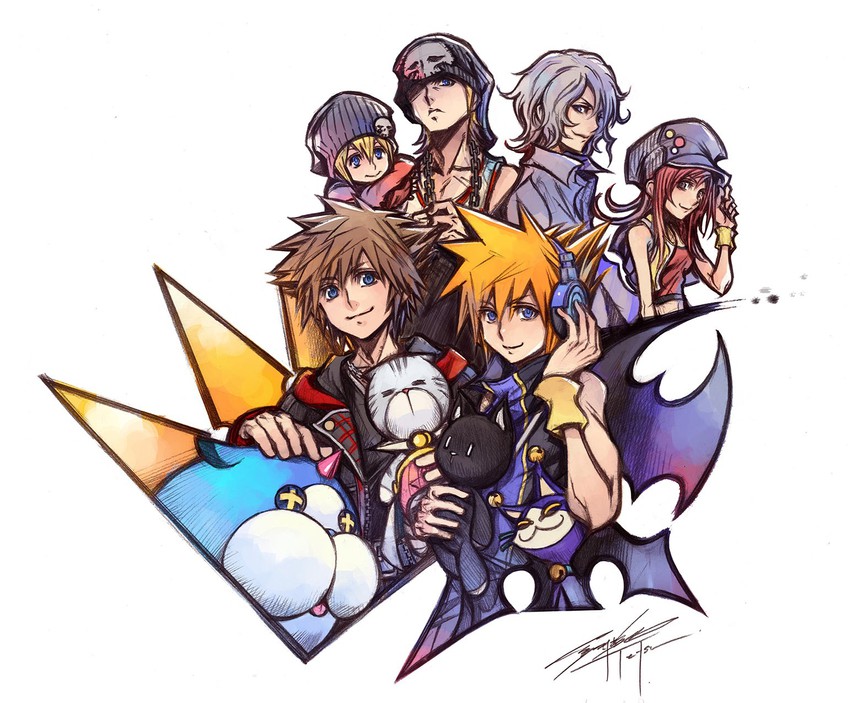 sora, sakuraba neku, misaki shiki, nyantan, bito daisukenojo, and 4 more (kingdom hearts and 3 more) drawn by nomura_tetsuya