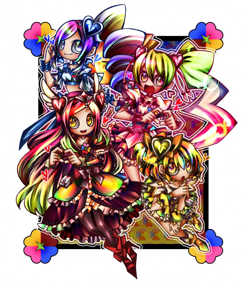 higashi setsuna, momozono love, cure peach, yamabuki inori, aono miki, and 3 more (precure and 1 more) drawn by senmu_(0107)