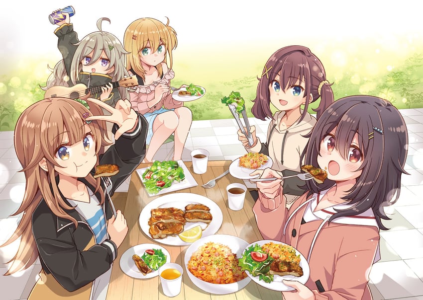 kawai mako, furutachi kurea, hoshi nana, higa tsutsuji, and ogawa shinon (hibi wa sugiredo meshi umashi) drawn by quro_(black_river)
