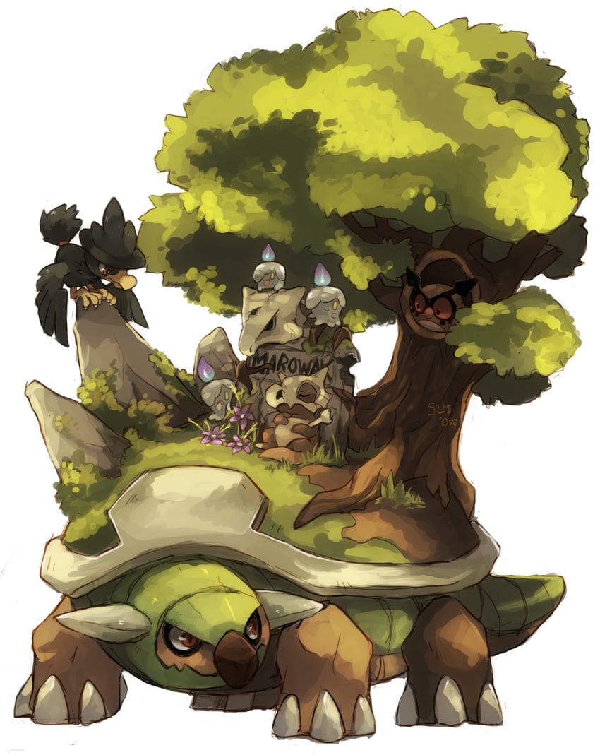 litwick, murkrow, cubone, hoothoot, torterra, and 1 more (pokemon) drawn by suikuzu