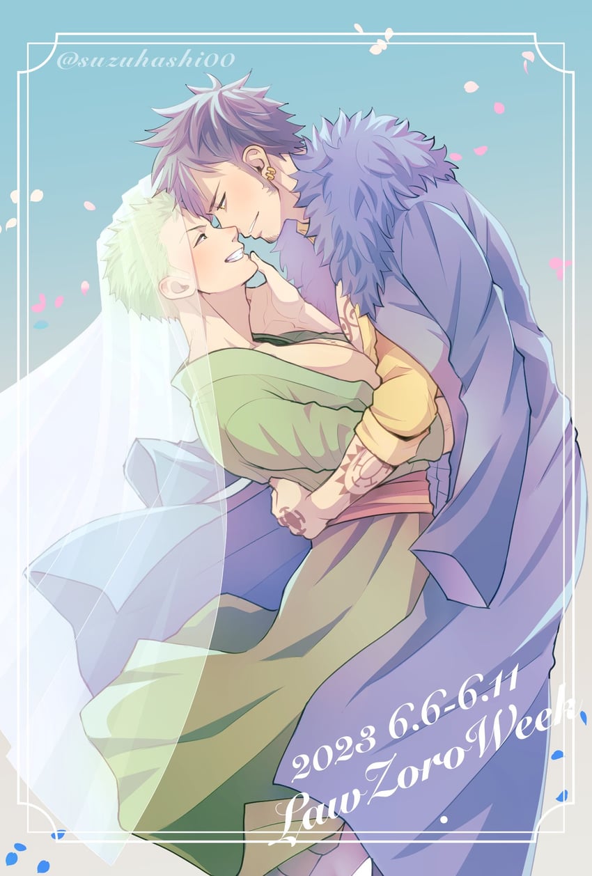 roronoa zoro and trafalgar law (one piece) drawn by suzuhashi00