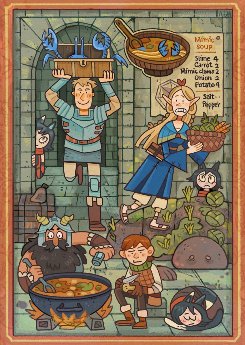 marcille donato, laios touden, senshi, chilchuck tims, and izutsumi (dungeon meshi) drawn by alicedibujos