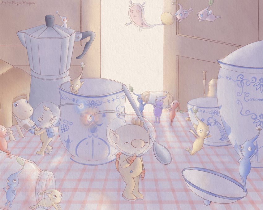 red pikmin, olimar, yellow pikmin, blue pikmin, purple pikmin, and 5 more (pikmin) drawn by elegiacmarquise