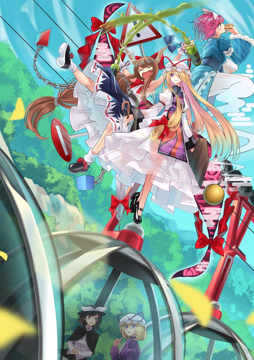 yakumo yukari, saigyouji yuyuko, ibuki suika, usami renko, and maribel hearn (touhou) drawn by sweet_reverie