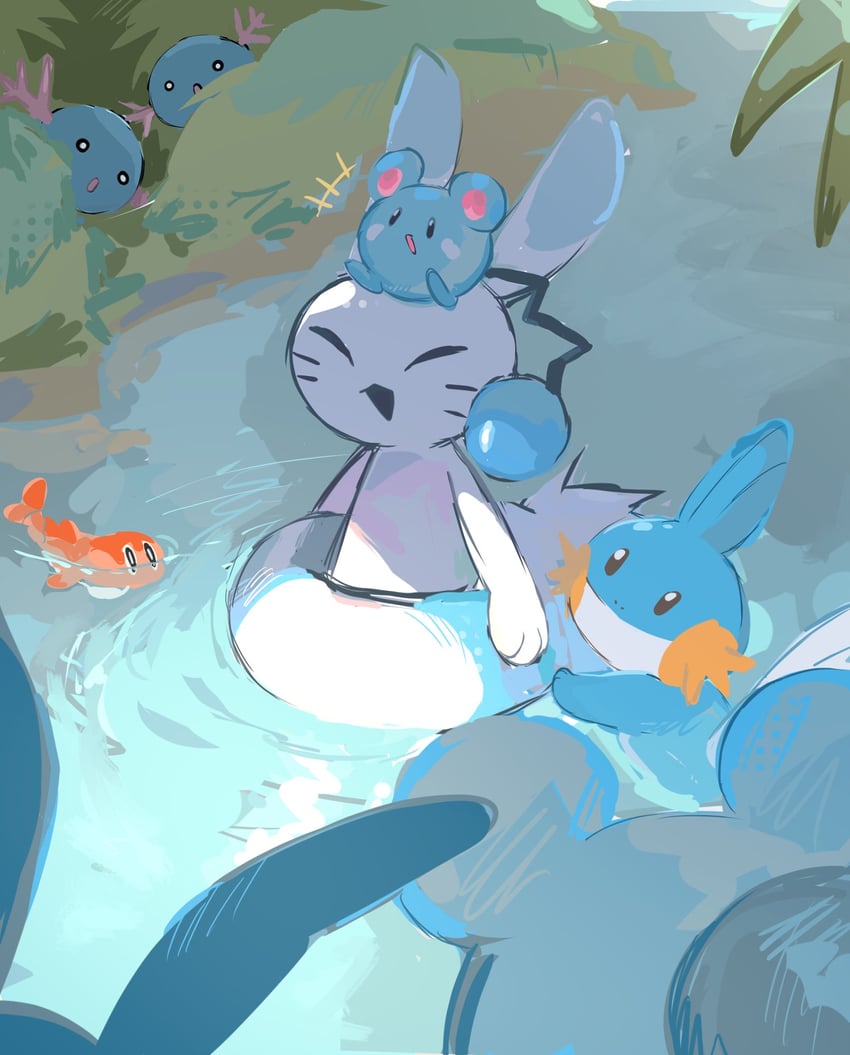 mudkip, wooper, tatsugiri, azurill, and warabbit (pokemon and 1 more) drawn by basilbxun