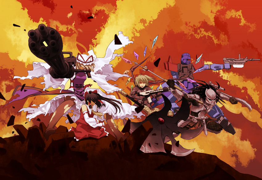 hakurei reimu, flandre scarlet, yakumo yukari, predator, blue destiny 01, and 1 more (touhou and 3 more) drawn by shinburu