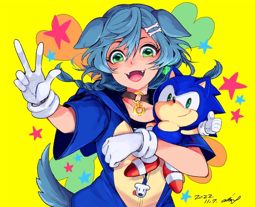 inugami korone and sonic the hedgehog (hololive and 2 more) drawn by aimf