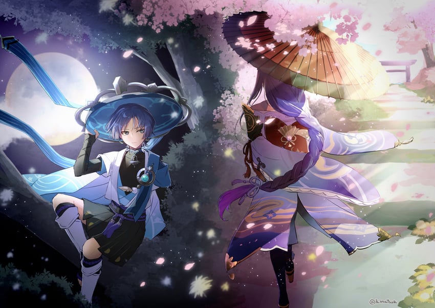 raiden shogun, scaramouche, and wanderer (genshin impact) drawn by kinatsu_k