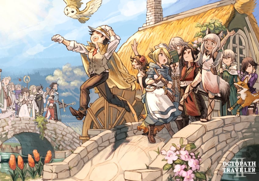 therion, tressa colzione, ophilia clement, primrose azelhart, cyrus albright, and 11 more (octopath traveler and 2 more) drawn by irono16