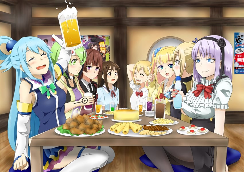 aqua, shidare hotaru, galko, kawakami mai, yachi hitoka, and 3 more (kono subarashii sekai ni shukufuku wo! and 7 more) drawn by daauchi
