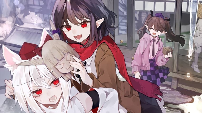 shameimaru aya, inubashiri momiji, ibuki suika, himekaidou hatate, and kudamaki tsukasa (touhou) drawn by risui_(suzu_rks)