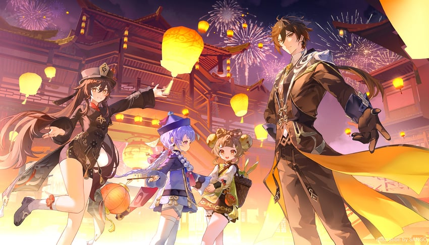hu tao, zhongli, qiqi, yaoyao, and yuegui (genshin impact) drawn by liloumaotou