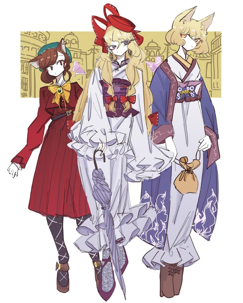 yakumo yukari, yakumo ran, and chen (touhou) drawn by zenritsu