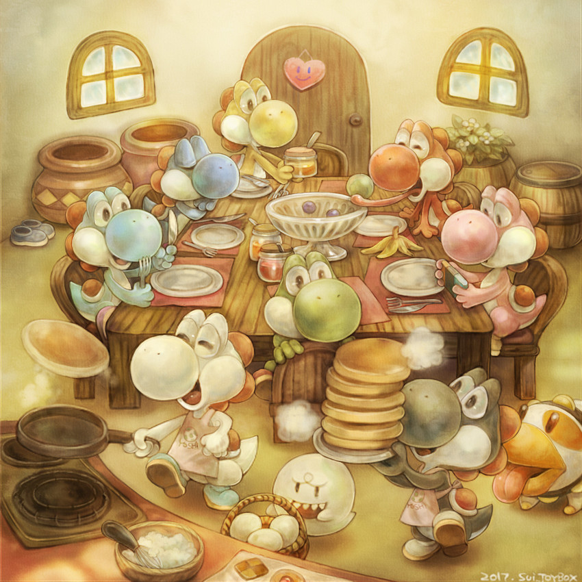 boo, yoshi, red yoshi, yellow yoshi, pink yoshi, and 5 more (mario and 1 more) drawn by sui_(petit_comet)