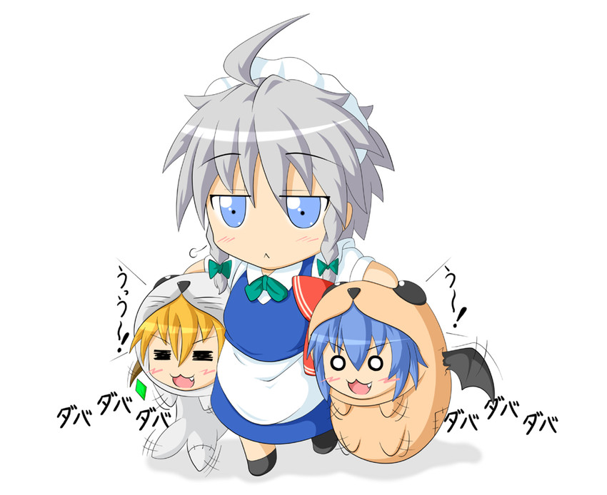 remilia scarlet, flandre scarlet, and izayoi sakuya (touhou) drawn by kokujuuji