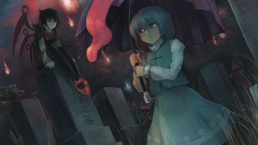kaenbyou rin, tatara kogasa, houjuu nue, and miyako yoshika (touhou) drawn by ichiba_youichi