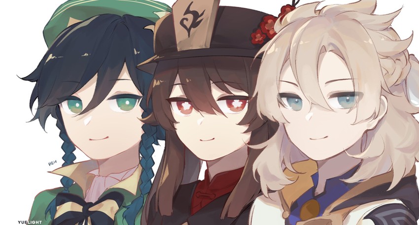 hu tao, venti, and albedo (genshin impact) drawn by yuelight