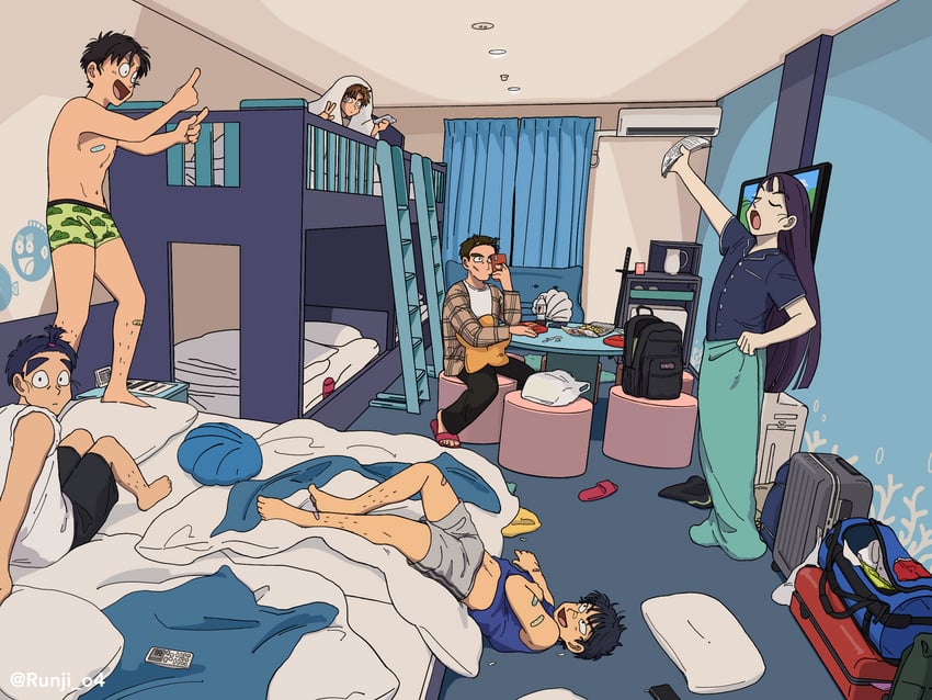 zenpouji isaku, tachibana senzou, nanamatsu koheita, shioe monjirou, kema tomesaburou, and 1 more (rakudai ninja rantarou) drawn by runji_o4