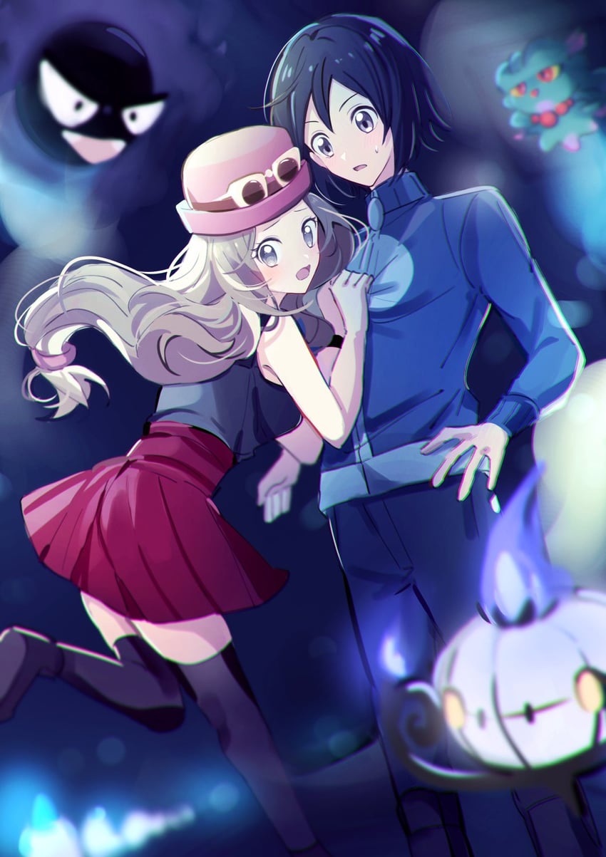 serena, calem, chandelure, gastly, and misdreavus (pokemon and 1 more) drawn by sakuya_990331