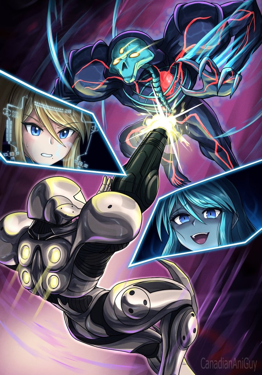 samus aran and dark samus (metroid and 1 more) drawn by canadiananiguy