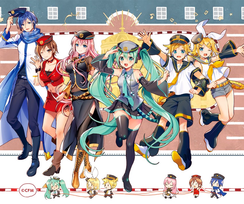 hatsune miku, kagamine rin, kagamine len, megurine luka, kaito, and 1 more (vocaloid) drawn by murakami_yuichi