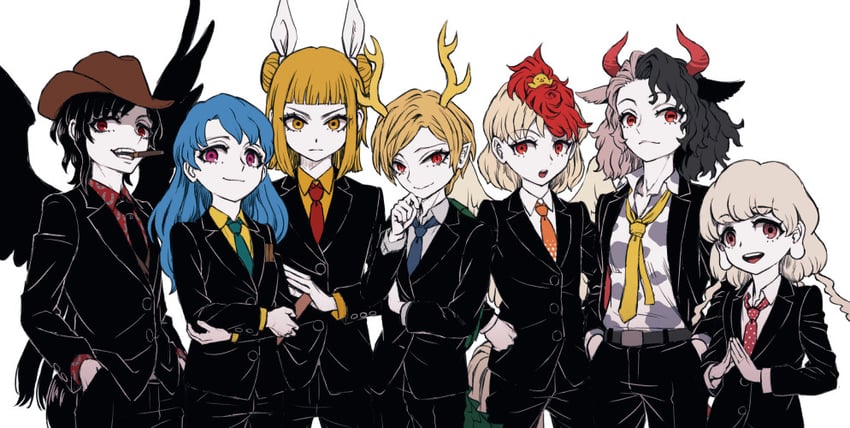 kicchou yachie, kurokoma saki, niwatari kutaka, haniyasushin keiki, joutouguu mayumi, and 2 more (touhou and 1 more) drawn by meimaru_inuchiyo