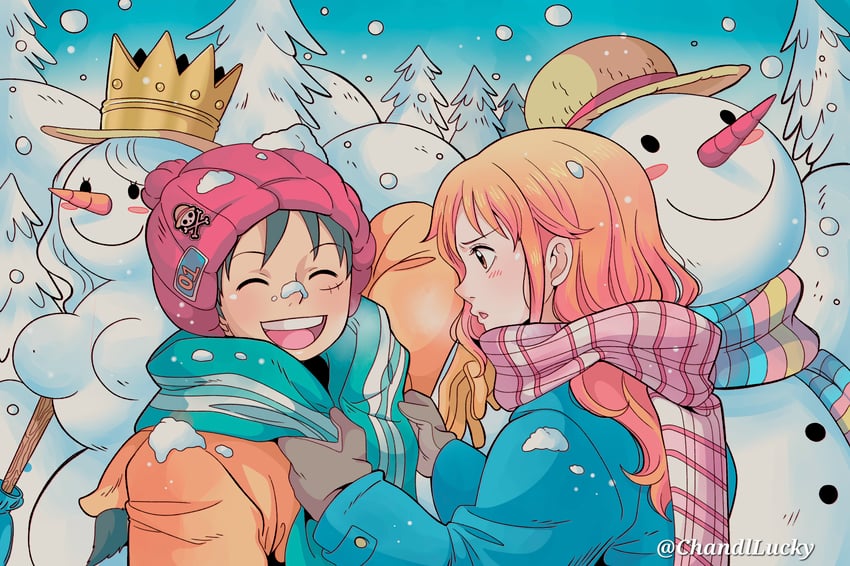 nami and monkey d. luffy (one piece) drawn by chandllucky