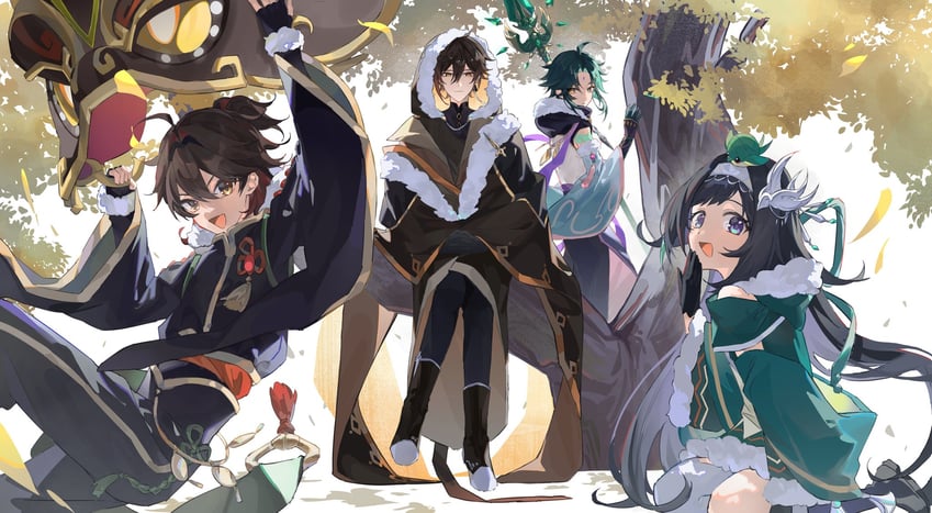 zhongli, xiao, gaming, and lan yan (genshin impact) drawn by sawa_(sawa_owo)