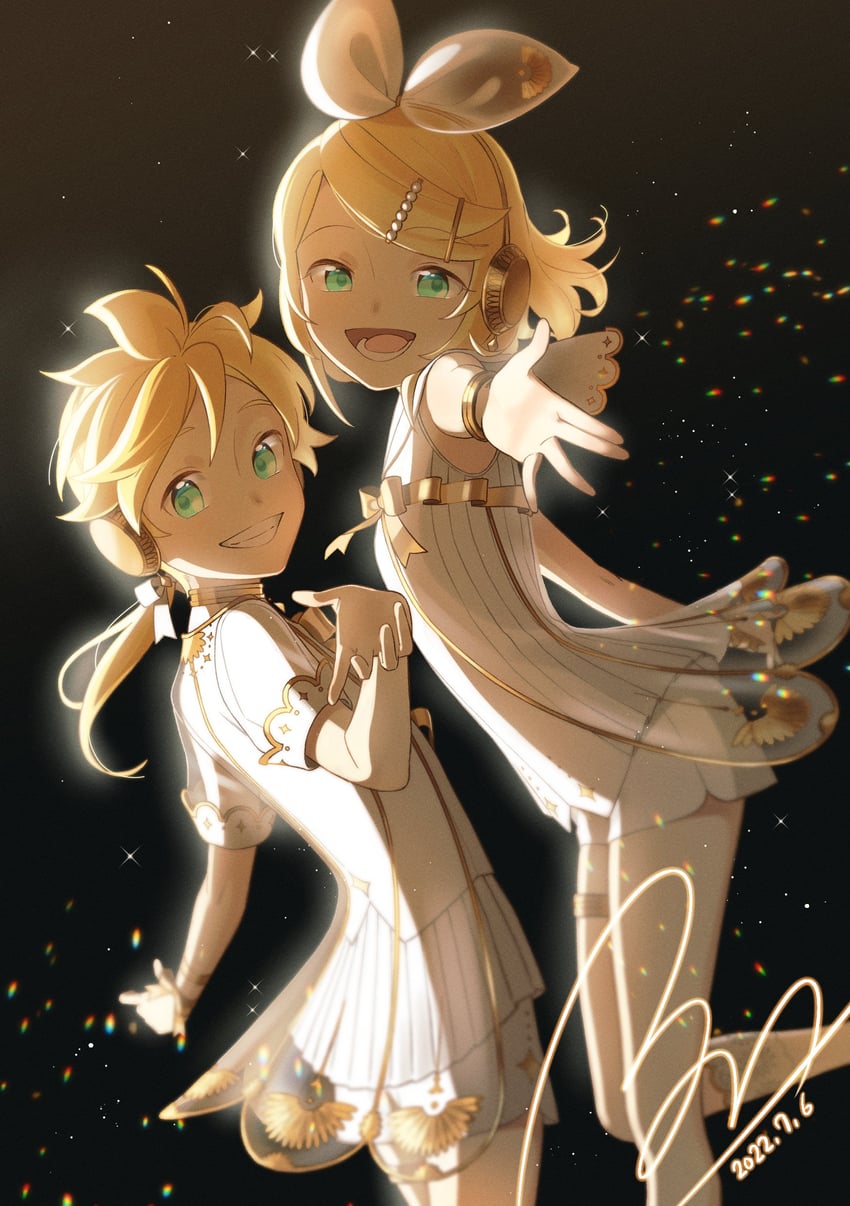 kagamine rin, kagamine len, gramophone rin, and gramophone len (vocaloid and 1 more) drawn by bon_bon_eee