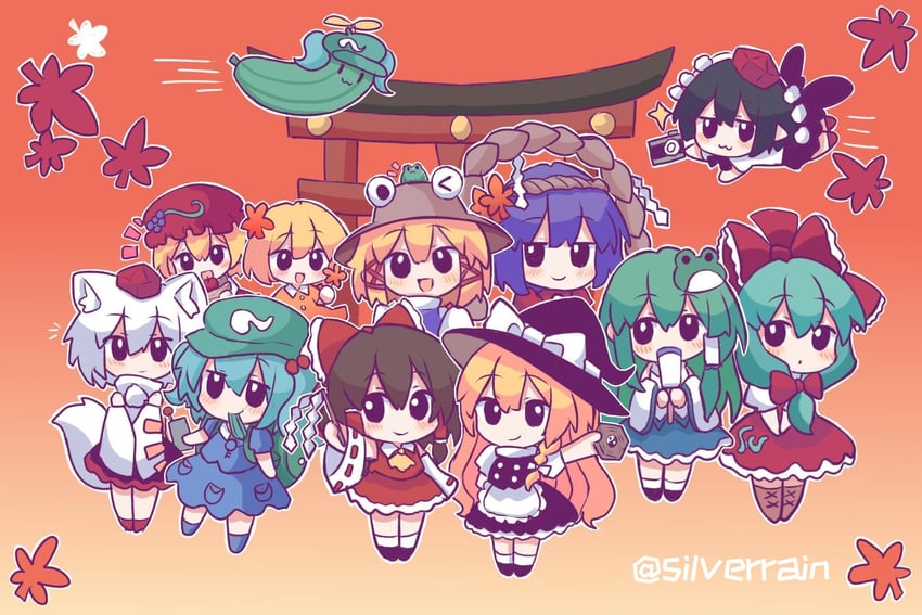 hakurei reimu, kirisame marisa, kochiya sanae, shameimaru aya, inubashiri momiji, and 6 more (touhou and 1 more) drawn by silverrain