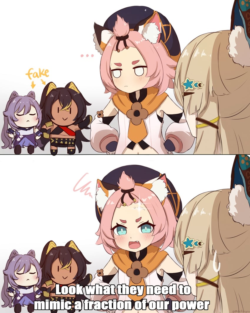 keqing, dehya, kirara, and diona (genshin impact and 1 more) drawn by mockingeu